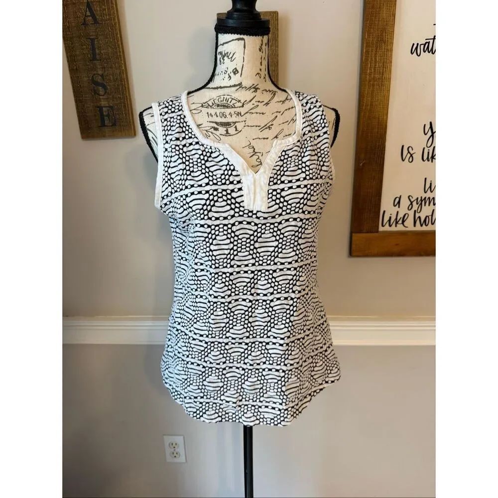Kim Rogers Women's Geometric Split V-Veck Sleeveless Blouse Black White Medium